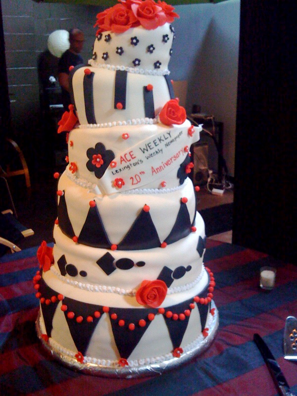 This 6 tier fondant cake was created for Ace Weekly's 20th anniversary party