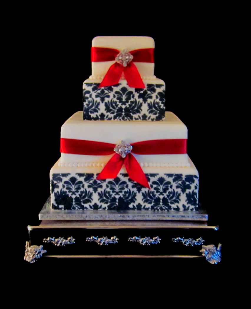 Red black and white damask wedding cakes