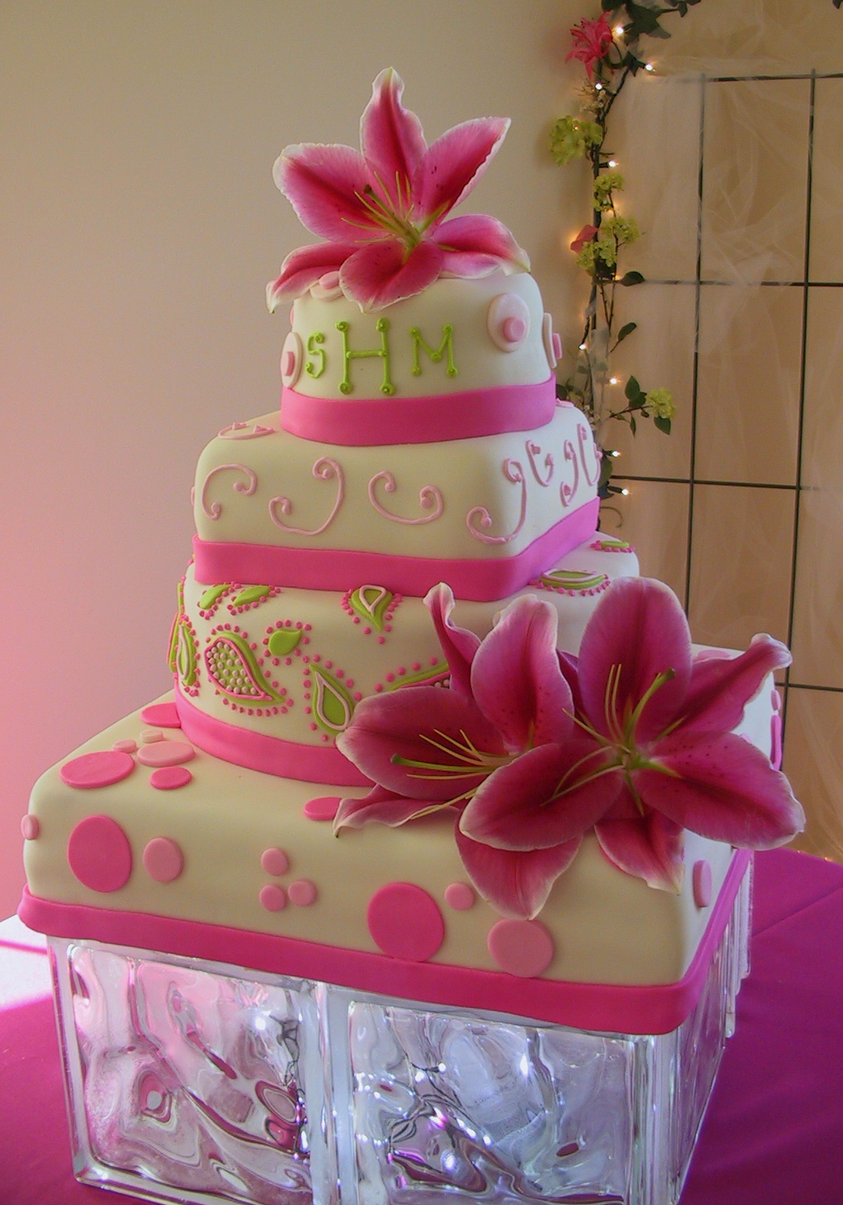 Pink and lime green wedding cakes